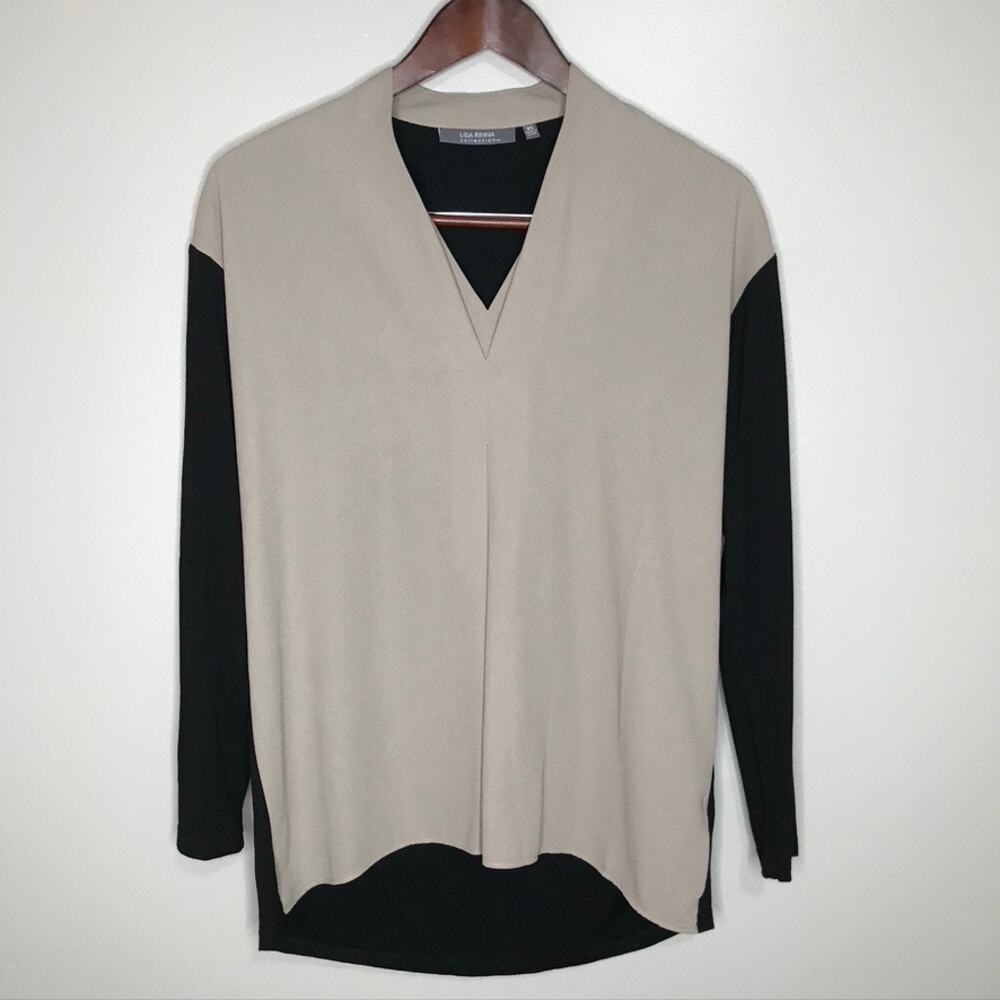 Women's Lisa Rinna Collection V-Neck Tunic Blouse Beige Taupe Black Size XS